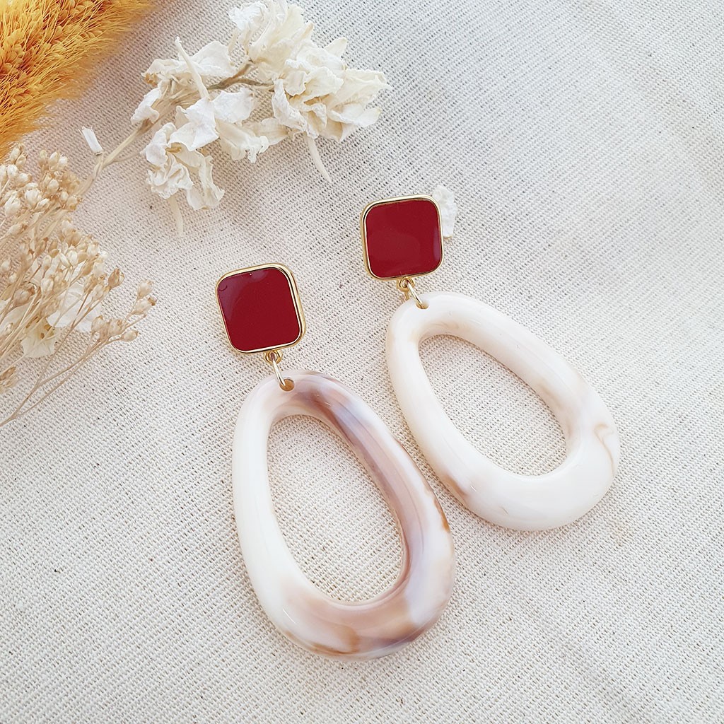 Boucles D'oreille Vintage - Clous Carrés émaillés Rouge Et Strass - 1,1 Cm - Neuf Sans Emballage