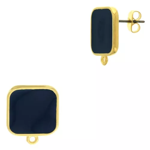 Clous d'oreilles carré en résine époxy 17x15 mm Doré à l'or fin - Bleu pétrole x2