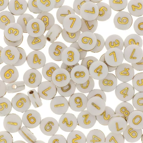 Assortiment de 100 perles plates chiffres 7 mm - Blanc - Doré