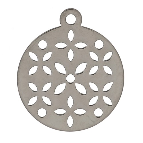 Breloque ronde ajourée fleur 15 mm en Argent 925 Rhodié Noir x1