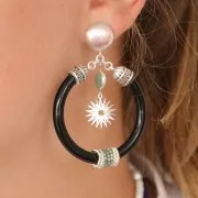 Clous d'oreilles demi-boule striée 14 mm anneau ouvert - Placage Argent fin x2