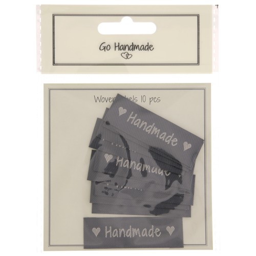 Set de 10 étiquettes tissées à coudre 50x15 mm - Handmade - Gris foncé - Beige