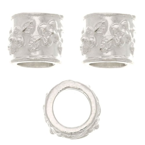 Perle tube motif fleurs 6x7 mm avec gros trou - Argent 925 x1