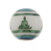 Perles en verre rondes 10 mm - motif Bouddha - Blanc - Vert bleu métallisé x4