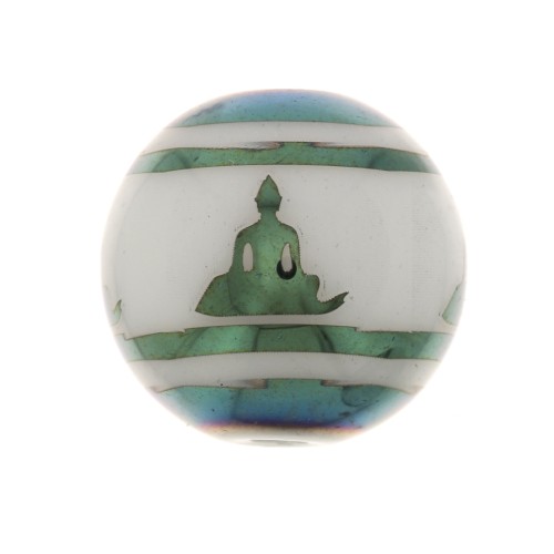 Perles en verre rondes 10 mm - motif Bouddha - Blanc - Vert bleu métallisé x4