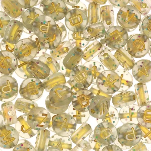 Assortiment de 125 perles plates lettres alphabet 7mm Transparent pailleté - Doré