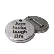 Breloque L love/lucky/laught/life 15 mm Placage Argent fin vieilli x1