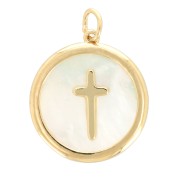 Pendentif rond nacre 19x17 mm - motif croix - Plaqué Or 3 microns x1