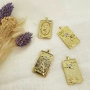 Pendentif carte de tarot - La lune - avec oxyde de Zirconium  34x18 mm - Doré - Crystal x1