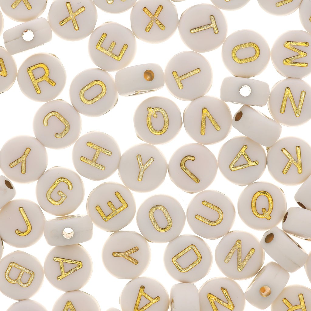 Assortiment De 200 Perles Lettres Alphabet Rondes 7 Mm Blanc Dore Perles Co