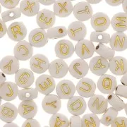 Assortiment de 200 perles plates - lettres alphabet - 7 mm - Blanc - Doré