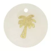 Sequin rond 16 mm en nacre et motif palmier résiné - Doré x1