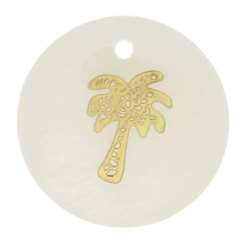 Sequin rond 16 mm en nacre et motif palmier résiné - Doré x1