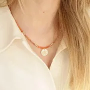 Sequin rond 16 mm en nacre et motif palmier résiné - Doré x1