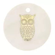 Sequin rond 16 mm en nacre et motif hibou résiné - Doré x1