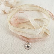 Ruban de soie 10 mm - Tie and dye - Crème - Rose pâle x85cm