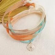 Ruban de soie 10 mm - Tie and dye - Vert olive - Vert clair - Marron x85cm