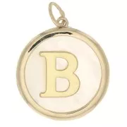 Pendentif rond nacre 19x17 mm - motif lettre alphabet - B - Plaqué Or 3 microns x1
