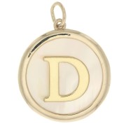 Pendentif rond nacre 19x17 mm - motif lettre alphabet - D - Plaqué Or 3 microns x1|raw }}