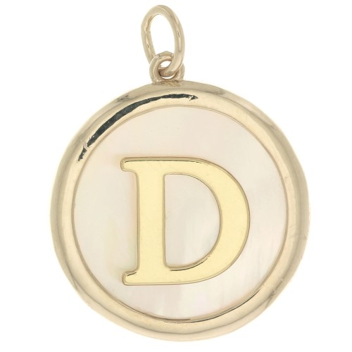 Pendentif rond nacre 19x17 mm - motif lettre alphabet - D - Plaqué Or 3 microns x1