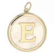 Pendentif rond nacre 19x17 mm - motif lettre alphabet - E - Plaqué Or 3 microns x1