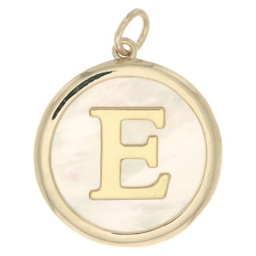 Pendentif rond nacre 19x17 mm - motif lettre alphabet - E - Plaqué Or 3 microns x1