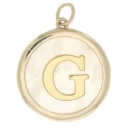 Pendentif rond nacre 19x17 mm - motif lettre alphabet - G - Plaqué Or 3 microns x1