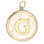 Pendentif rond nacre 19x17 mm - motif lettre alphabet - G - Plaqué Or 3 microns x1