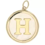 Pendentif rond nacre 19x17 mm - motif lettre alphabet - H - Plaqué Or 3 microns x1