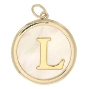 Pendentif rond nacre 19x17 mm - motif lettre alphabet - L - Plaqué Or 3 microns x1