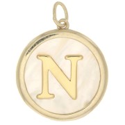Pendentif rond nacre 19x17 mm - motif lettre alphabet - N - Plaqué Or 3 microns x1