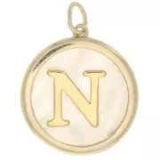 Pendentif rond nacre 19x17 mm - motif lettre alphabet - N - Plaqué Or 3 microns x1