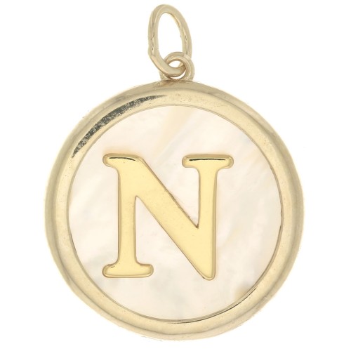Pendentif rond nacre 19x17 mm - motif lettre alphabet - N - Plaqué Or 3 microns x1