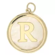 Pendentif rond nacre 19x17 mm - motif lettre alphabet - R - Plaqué Or 3 microns x1