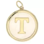 Pendentif rond nacre 19x17 mm - motif lettre alphabet - T - Plaqué Or 3 microns x1