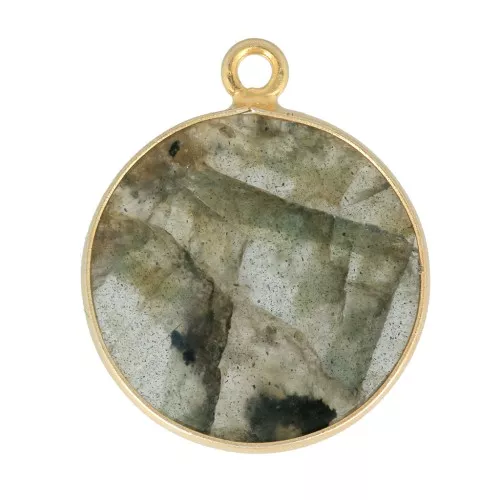Pendentif rond pierre gemme 16 mm - Argent 925 Doré à l'or fin - Labradorite x1