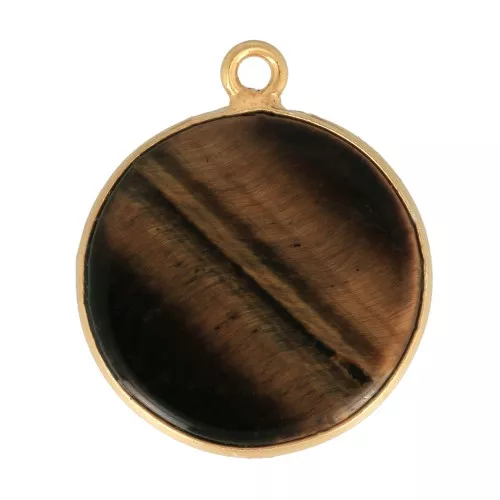 Pendentif rond pierre gemme 16 mm - Argent 925 Doré à l'or fin - Oeil de tigre