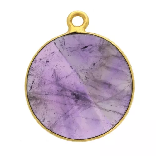 Pendentif rond pierre gemme 16mm - Argent 925 Doré à l'or fin - Amethyste x1