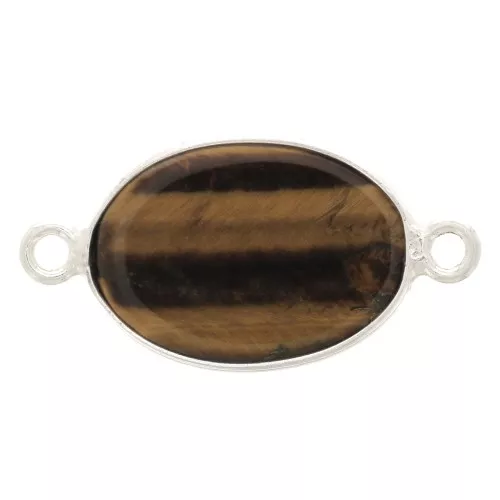 Intercalaire ovale en pierre gemme 15x10 mm - Argent 925 - Oeil de tigre x1