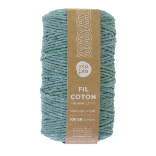 Cordon pour macramé en coton recyclé - Kesi Art - 2 mm - Vert de gris (n°112) x60m
