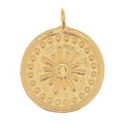 Breloque ronde 18x15 mm - motif soleil - Doré à l'or fin x1