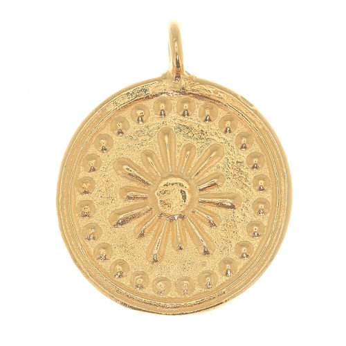 Breloque ronde 18x15 mm - motif soleil - Doré à l'or fin x1