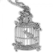 Chaine et pendentif cage à oiseau 58 mm argenté vieilli x1|raw }}
