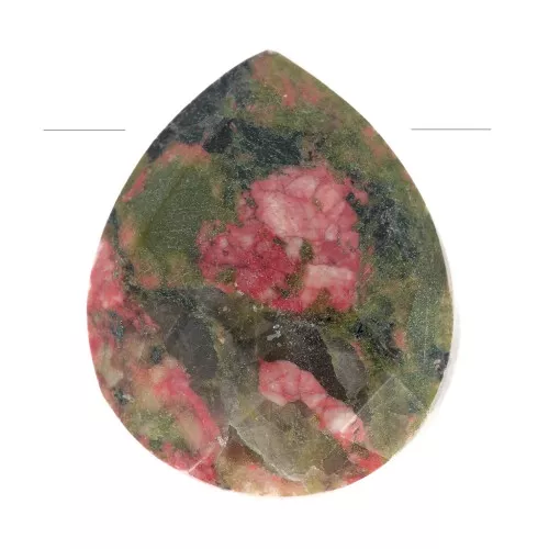 Perle goutte facettée - briolette plate 12x10 mm en pierre gemme - Unakite x1