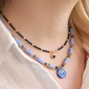 Pendentif rond plat 15 mm - scarabée gravé exclu Perles & Co - Lapis lazuli - Doré x1