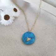 Pendentif rond plat 25 mm pierre gemme Gold Stone - Imitation Pierre de soleil x1