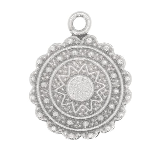 Breloque ronde ethnique 17x14 mm - motif soleil - Placage argent fin vieilli x1