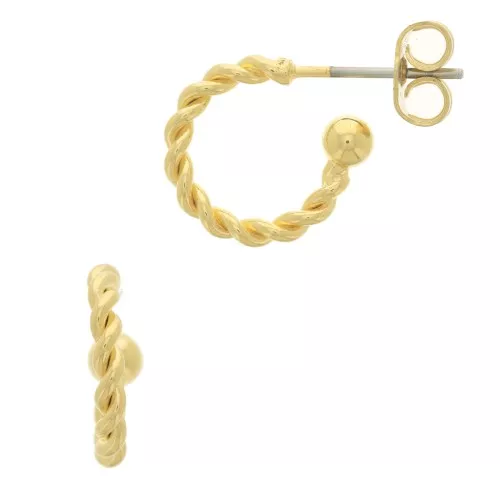 Mini créoles corde torsadée avec petite boule 11 mm - Doré à l'or fin x2