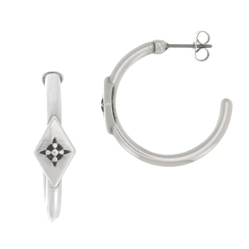 Créoles avec losange et petite étoile gravée 27 mm - Placage Argent fin vieilli x2