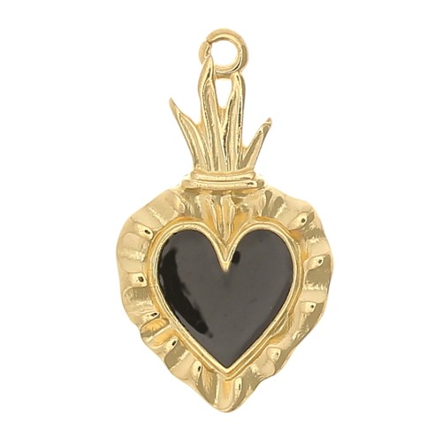 Pendentif coeur Ex-voto 27x15 mm avec résine époxy - Doré à l'or fin - Noir x1